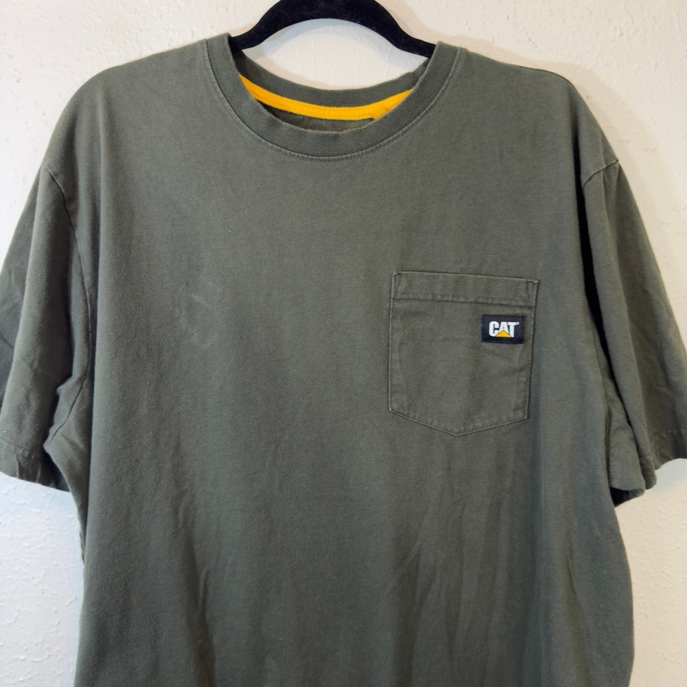 CAT Caterpillar Mens XL Olive Green Short Sleeve Pocket T-Shirt Cotton Workwear